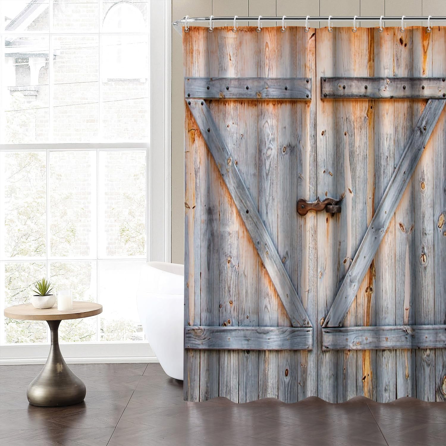 Barn Door Shower Curtain for Bathroom, Farmhouse Wood Door Shower Curtains 72x72inches Neutral Fabric Waterproof Shower Curtains Set for Stall RV Hotel with Hooks