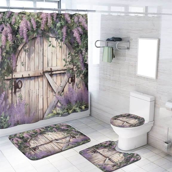 Barn Door Shower Curtain Set with Rugs Lavender with Leaves on Rustic Wooden Door Farmhouse Bathroom Sets Decor Accessories with Non-Slip Rug Toilet Lid Cover Bath Mat and 12 Hooks, 72x72 Inch