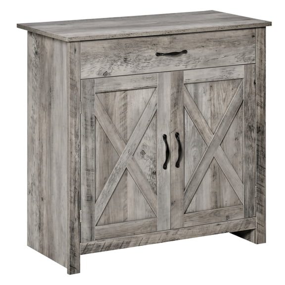 Barn Door Style Accent Sideboard Cabinet, 32" For Kitchen. Gray Wash Buffet Cabinet Living Room Or Entryway. Provides Ample Storage And Adjustable Shelf. Has