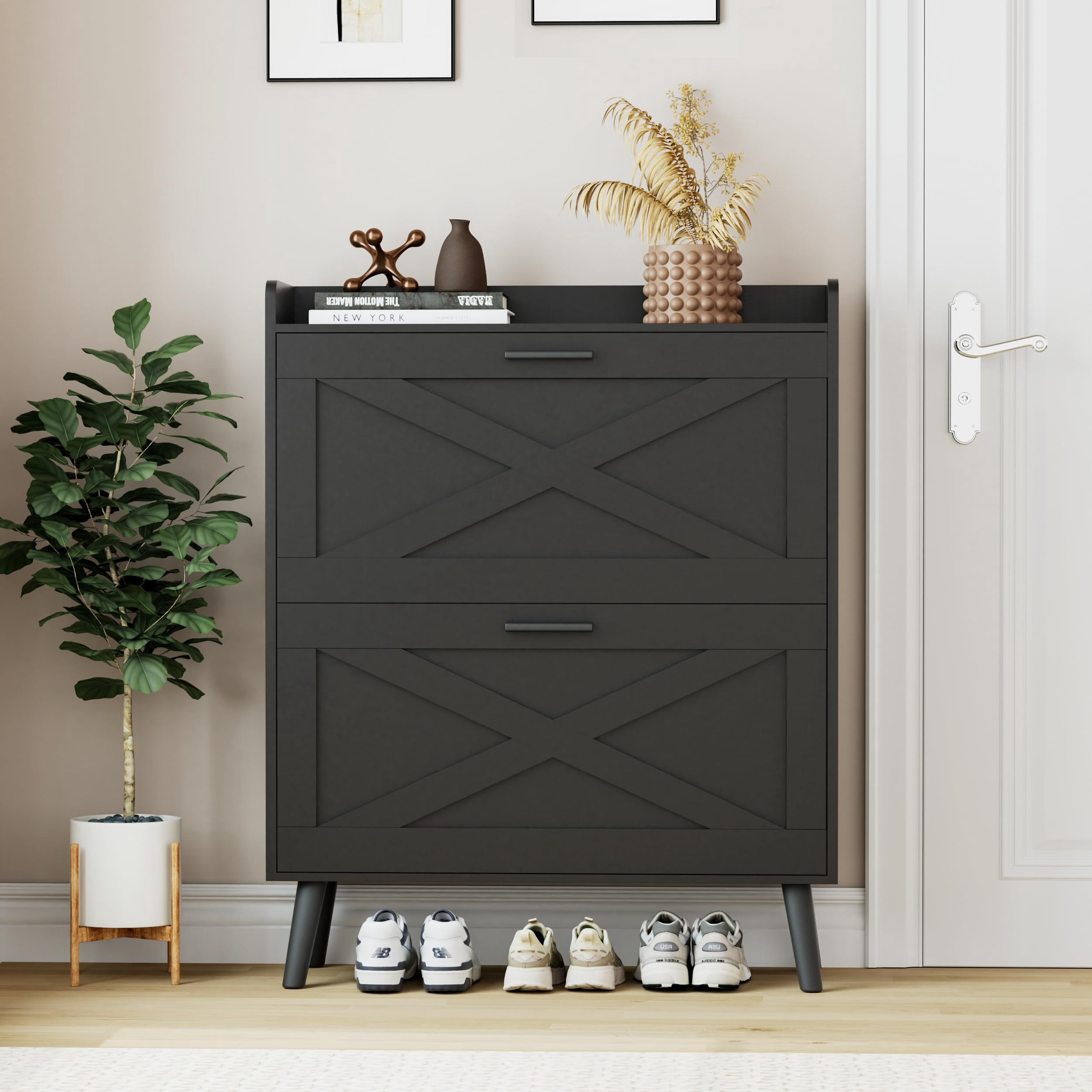 Barn Door Style Farmhouse Shoe Storage Cabinet, Practical Flip Drawers