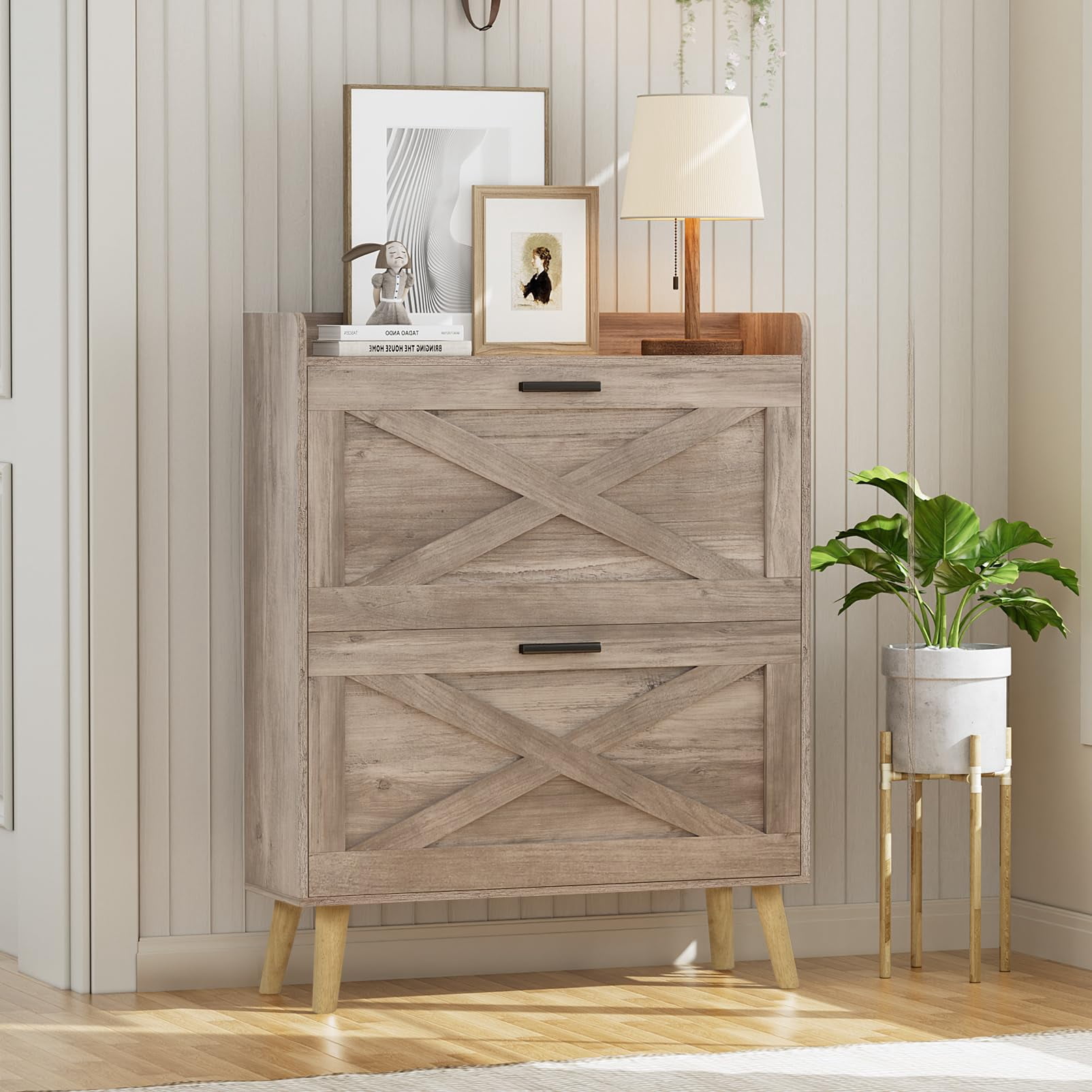 Barn Door Style Farmhouse Shoe Storage Cabinet, Practical Flip Drawers