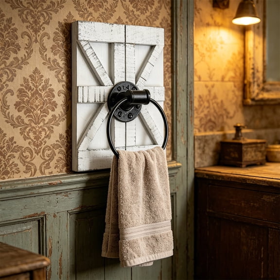 Barn Door Style Towel Ring with Wooden Base and Black Metal Finish, Vintage Hand Towel Rack for Bathroom and Kitchen Wall Mount, Rustic Towel Holder for Farmhouse and Industrial Home Decor