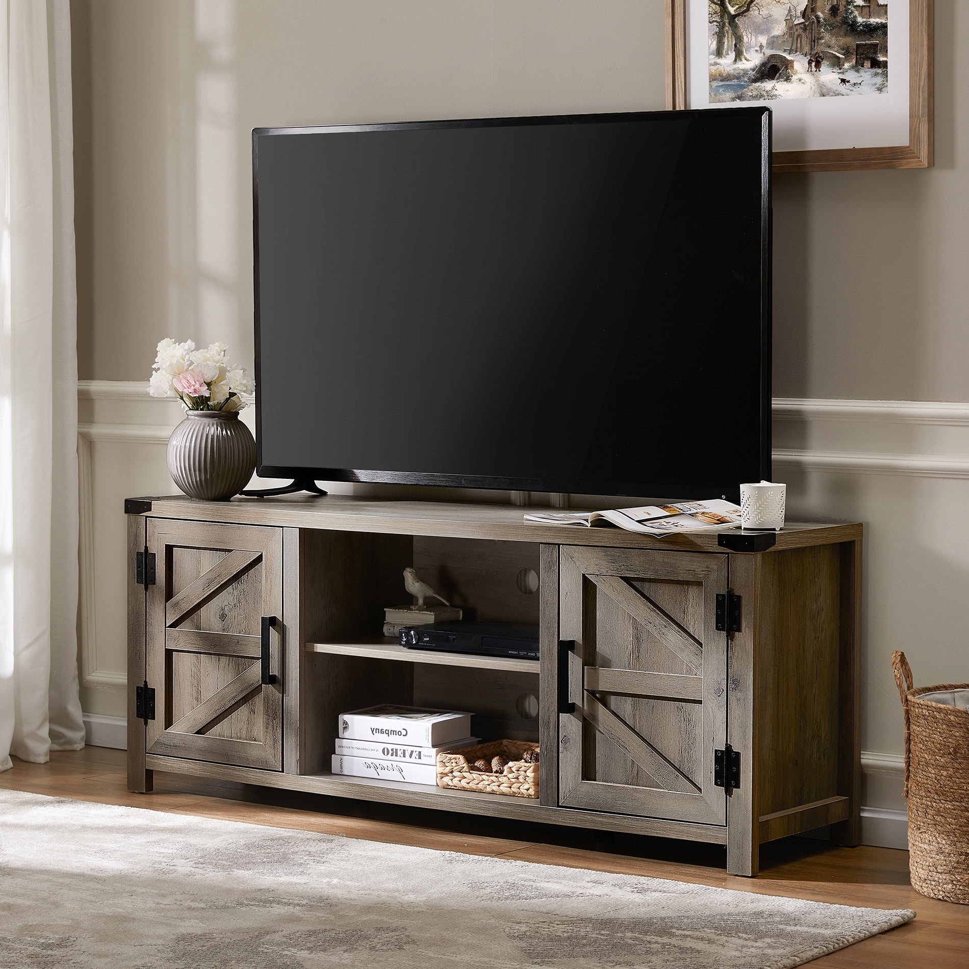 Barn Door TV Stand for 70 inch Flat Screen, Media Console Table Storage Cabinet in Rustic Wash Grey, Entertainment Center for Living Room