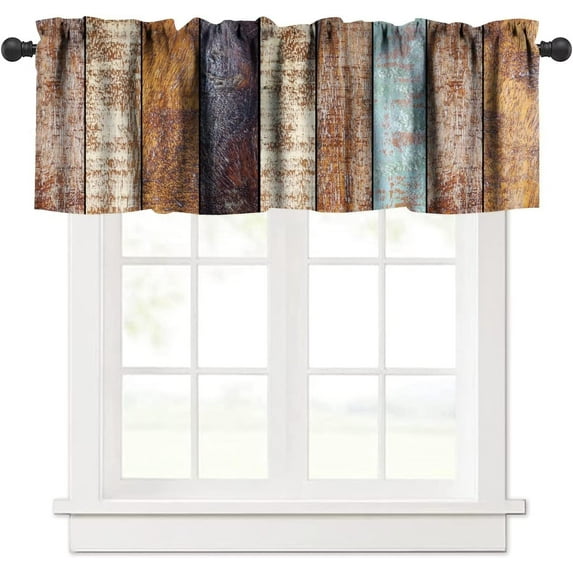 Barn Door Valances Curtains Vintage Rustic Wooden Farmhouse Brown Plank Western Retro Countryside Windows Short Curtain Valance for Kitchen Bathroom Decor with Rod Pocket, One Panel 54X18 Inches