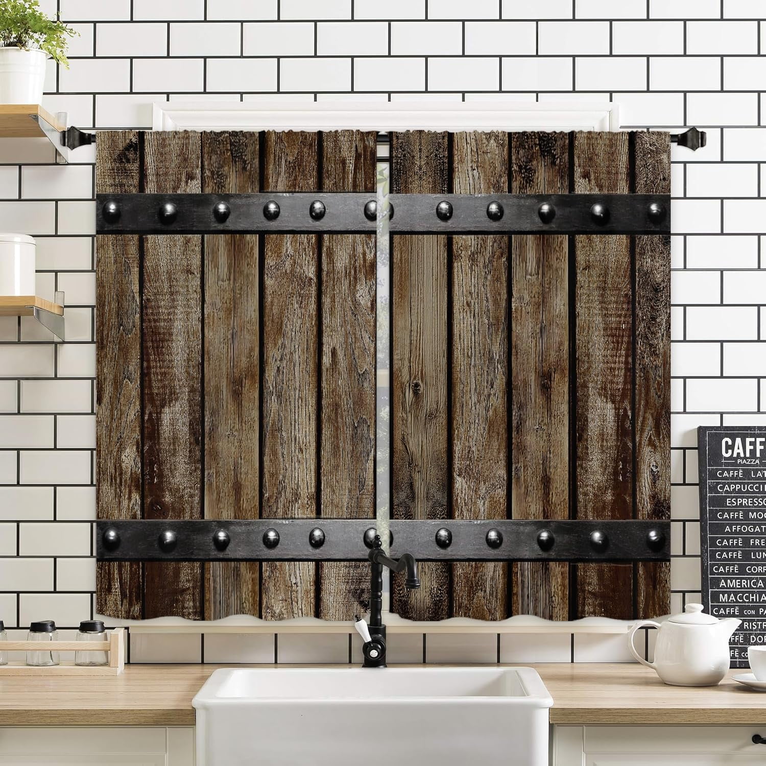 Rustic Drapery Barn Door Wooden Kitchen Curtains 2 Panels 27.5W x 39H Rod Pocket Wood ...