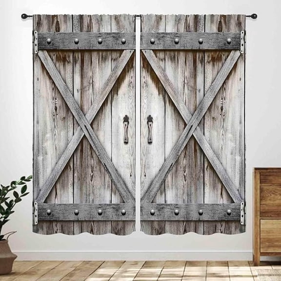 Barn Door Wooden Kitchen Curtains, Rustic Farm Farmhouse Country Retro Rustic Cafe Short Tier Curtains Decor For Living Room Garage Cabin Window Drapes 53"W x 96"L (Pack of 2)