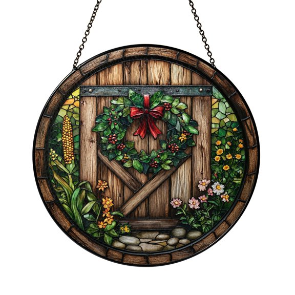 Barn Door Wreath Artwork Glass Suncatcher Round Window Hanging, Festive Rustic Home Decor Gift