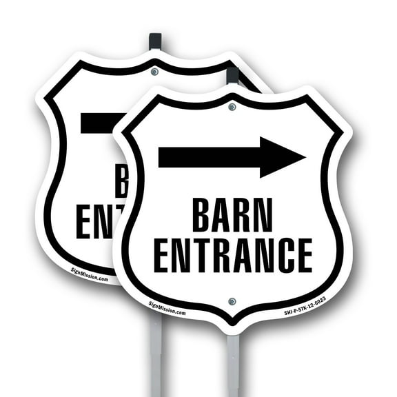 Barn Entrance Right (2 Pack) 12 inch X 12 inch Shield Shaped Rust-Free Aluminum Metal Signs with Aluminum Mounting Stakes Weather Resistant Made in the USA