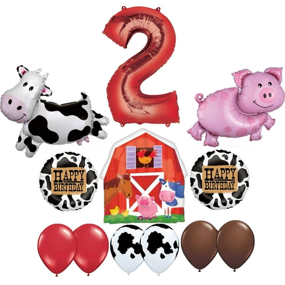 Barn Farm Animals 2nd Birthday Party Supplies Cow, Pig, Barn Balloon Decorations