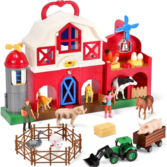 QIAHO Big Red Barn Farm Animal Toys with Sound Effects, 21 Pieces Take Along Farm Playset for Toddlers, Montessori Learning Toy with 10 Animal Figurines for Pretend Play