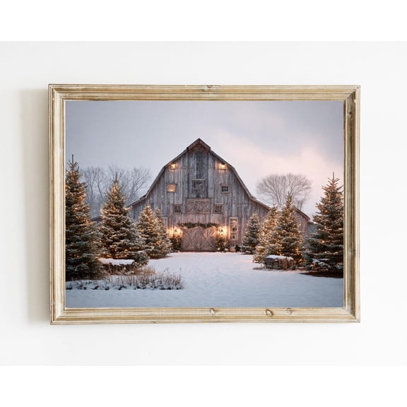 Barn Farmhouse Print Poster Snowy Landscape Tree with Lights|Wall Decor Poster E1236, Unframed Poster Size 8x12 F03.1.18l194