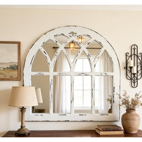 Barn Farmhouse White Arch Mirror, Windowpane Wall Mirror, Wall Mirrors Decorative, Cathedral Wood Framed Window Mirror for Wall, 28.7 inch H