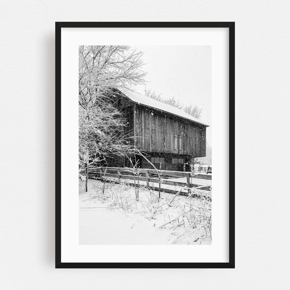 Barn, Glen Rock B&W - Glen Rock Pennsylvania Photography Black and White Barn Winter Snow Rural Farmhouse Rustic Black Framed Wall Art Print 5 x 7 inches