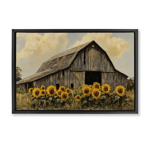 Stupell Industries Barn In Sunflower Field Black Framed Floater Canvas Wall Art, design by Franklyn Gregory