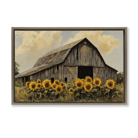 Stupell Industries Barn In Sunflower Field Brown Framed Floater Canvas Wall Art, design by Franklyn Gregory