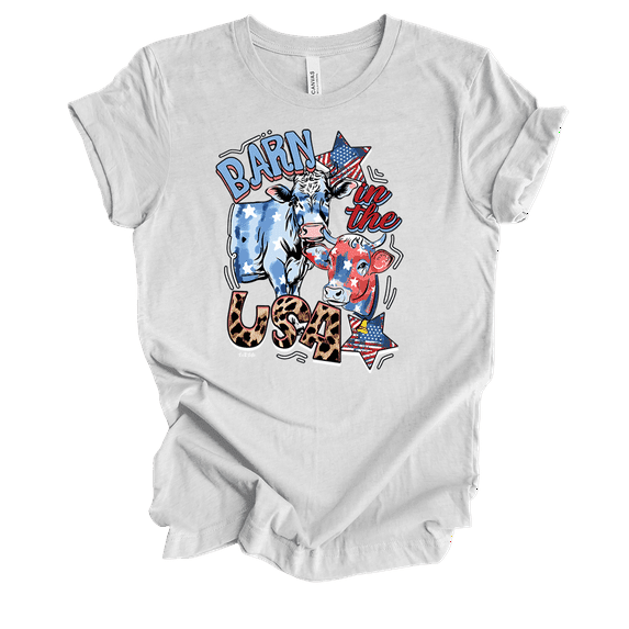 Barn In The USA 4th Of July Red White And Blue Independence Day Cute Cows Short Sleeve Ladies Graphic T-Shirt-Ash-large