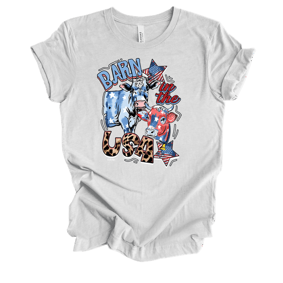 Barn In The USA 4th Of July Red White And Blue Independence Day Cute Cows Short Sleeve Ladies Graphic T-Shirt-Ash-large
