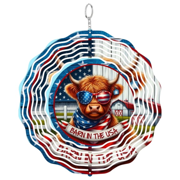 Barn In The USA Patriotic Highland Cow 3D Wind Spinner Stainless Steel Kinetic Art American Farm Decor 10 Inch