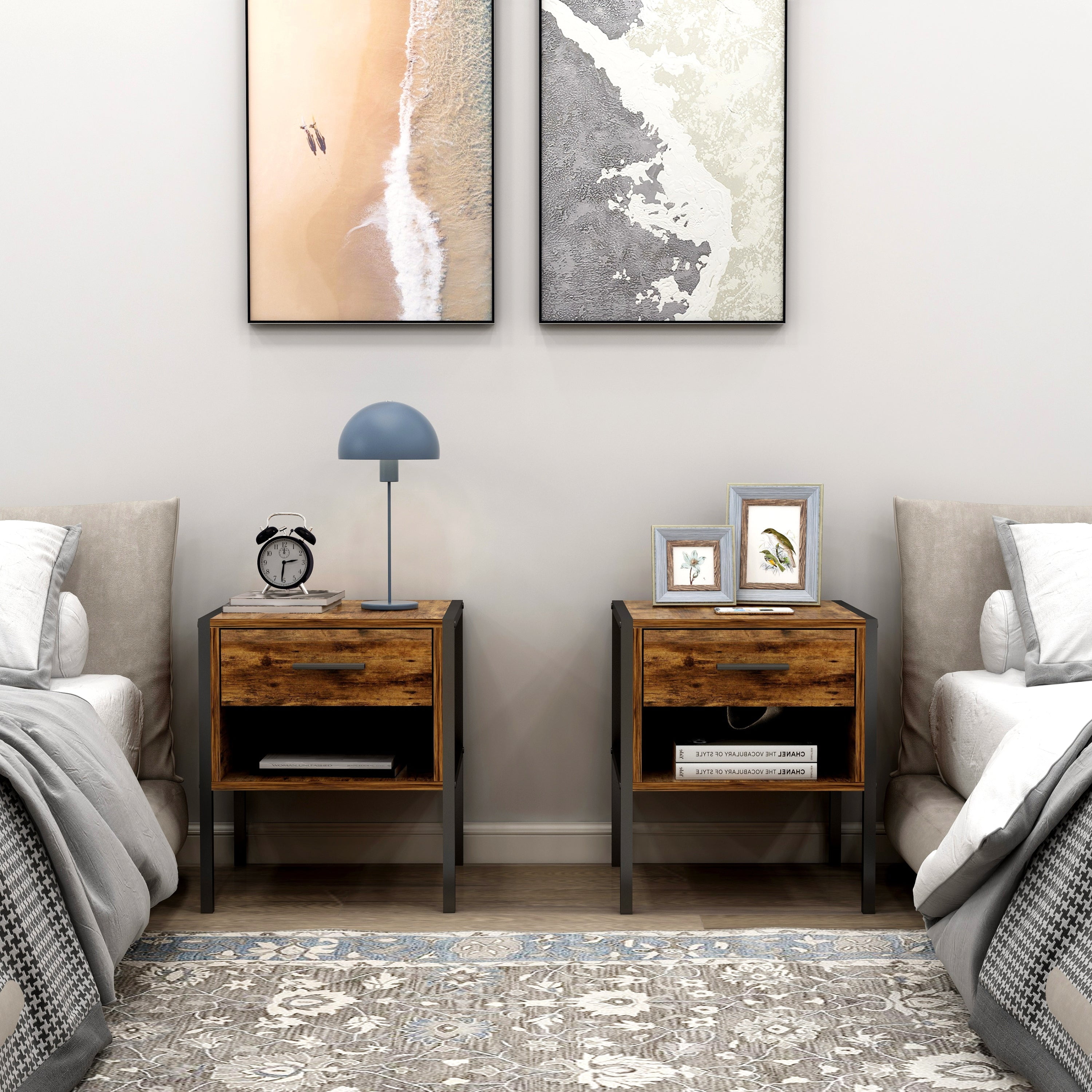 Rustic Brown MDF and Steel 1-Drawer Nightstand Set