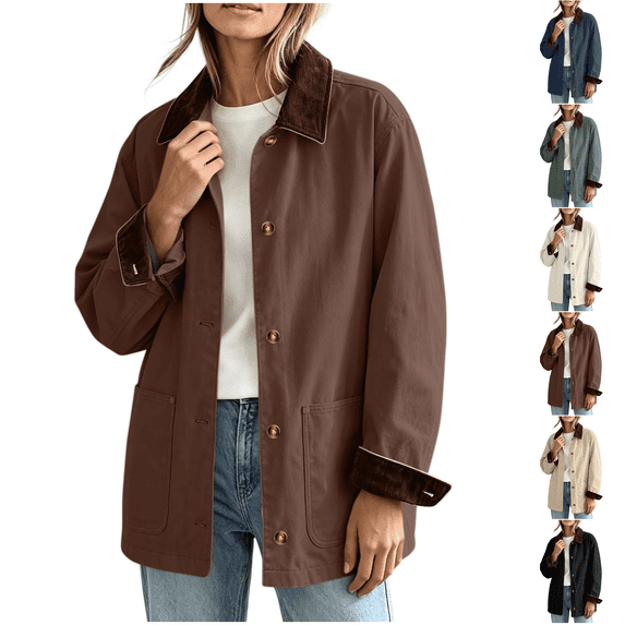 Barn Jacket for Women Corduroy Collar Button Down Canvas Chore Coat Fall Relaxed Fit Jackets with Pockets