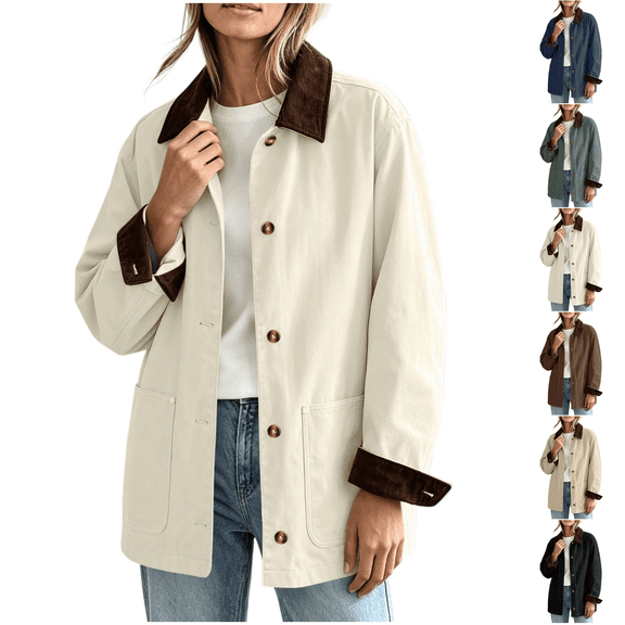 Barn Jacket for Women Corduroy Collar Button Down Canvas Chore Coat Fall Relaxed Fit Jackets with Pockets