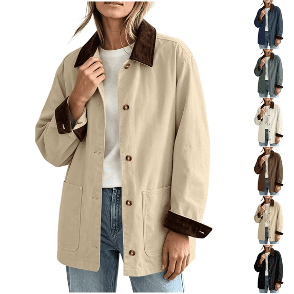 Barn Jacket for Women Corduroy Collar Button Down Canvas Chore Coat Fall Relaxed Fit Jackets with Pockets