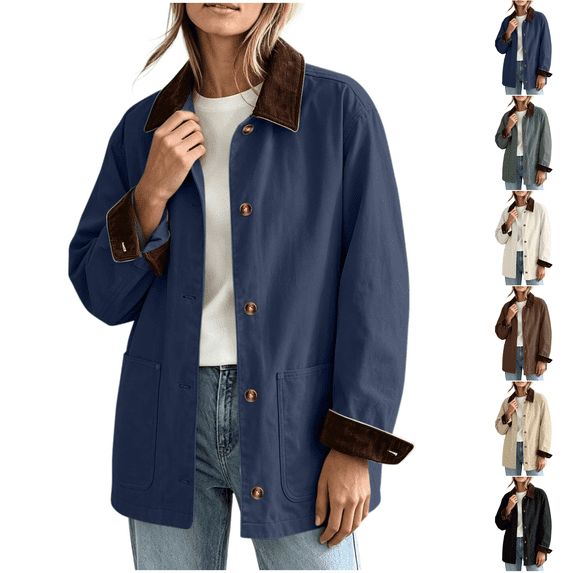 Barn Jacket for Women Corduroy Collar Button Down Canvas Chore Coat Fall Relaxed Fit Jackets with Pockets