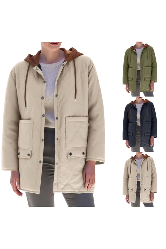 Barn Jackets for Women Button Up Drawstring Hooded Coat Casual Padded Quilted Down Coats Lightweight Diamond Pattern Jackets with Big Pockets