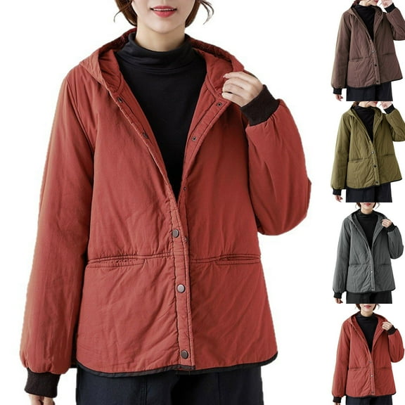 Barn Jackets for Women Button Up Hooded Jacket Thick Padded Coat Causal Side Split Coats Fall Winter Lightweight Warm Outerwear with Big Pockets