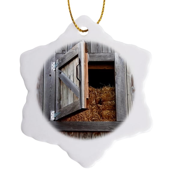 3drose, Barn Loft Door with Hay Wood, 3 inch Snowflake Porcelain Ornament