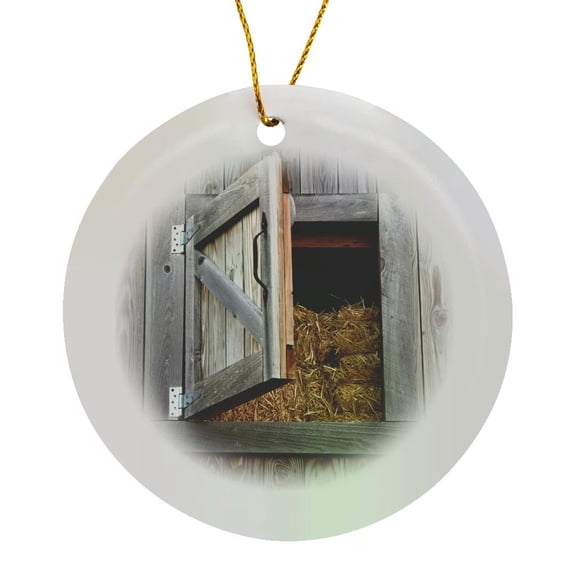 3drose, Barn Loft Door with Hay Wood, Circle Porcelain Ornament