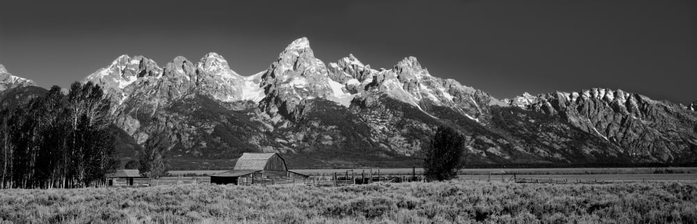 Barn On Plain Before Mountains Grand Teton National Park Wyoming USA Canvas Art - Panoramic Images (12 x 36)