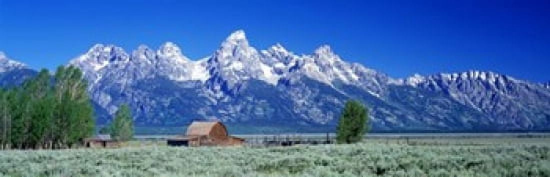 Barn On Plain Before Mountains Grand Teton National Park Wyoming USA Canvas Art - Panoramic Images (18 x 6)