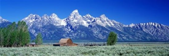 Barn On Plain Before Mountains Grand Teton National Park Wyoming USA Canvas Art - Panoramic Images (36 x 12)