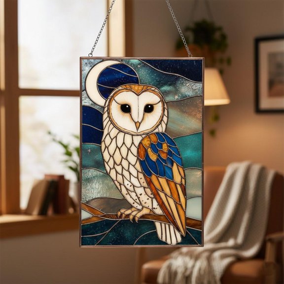 Barn Owl Acrylic Suncatcher Midnight Moon Forest Night Landscape Window Hanging Home Decor Wall Art Bird Lover