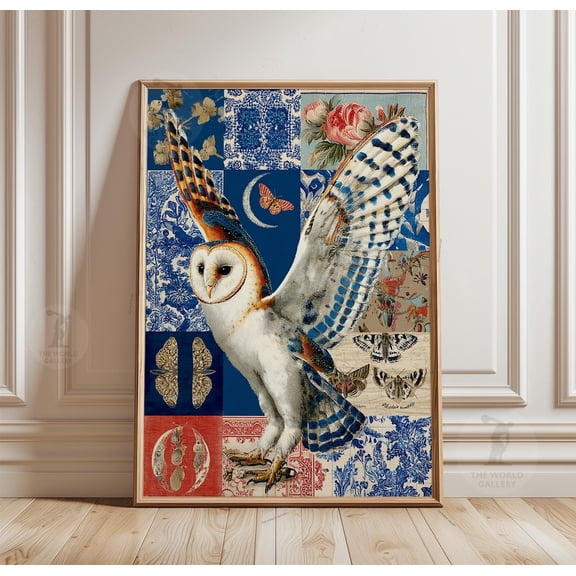 Barn Owl Blue Botanical Collage Poster Unframed Paper Print