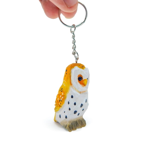 Barn Owl Fake Keychain Ring Clip Charm Farm Bird Miniature Wood Mini Figurine Small Animal
