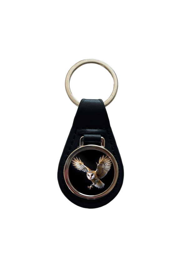 Barn Owl Flying Raptor Bird Of Prey Metal Black Leather Keychain