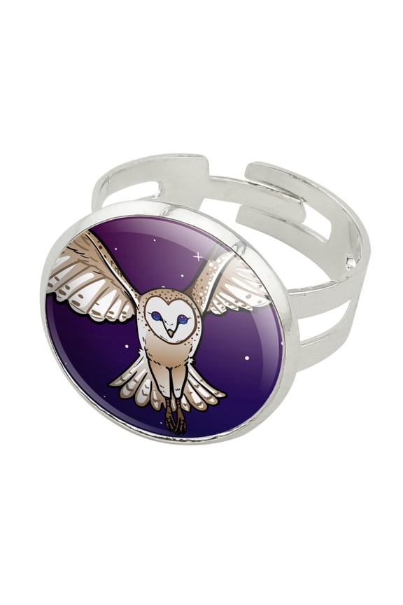 Barn Owl Flying in Night Sky Silver Plated Adjustable Novelty Ring