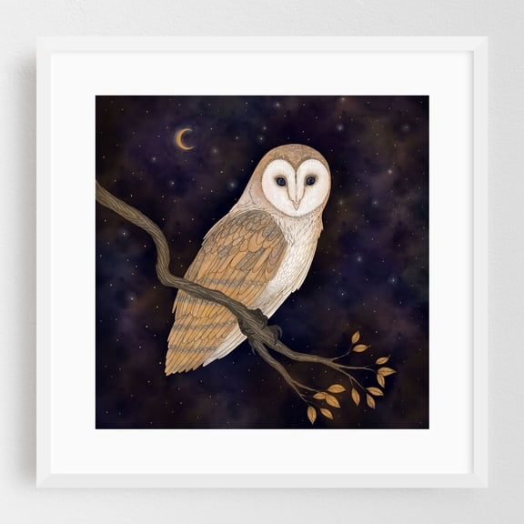 Barn Owl - Illustration Night Sky Wildlife Mystical Stars Moon White Framed Wall Art Print 10 x 10 inches