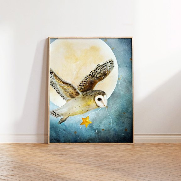 Barn Owl Moon Stars Nursery Wall Decor Unframed Paper Print