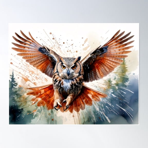 Barn Owl Painting Loose Splash Painting Owl Flying In Watercolor Owl. Poster Wall Art, Modern Wall Decor For Living Room Bedroom, 8x12 UNFRAMED
