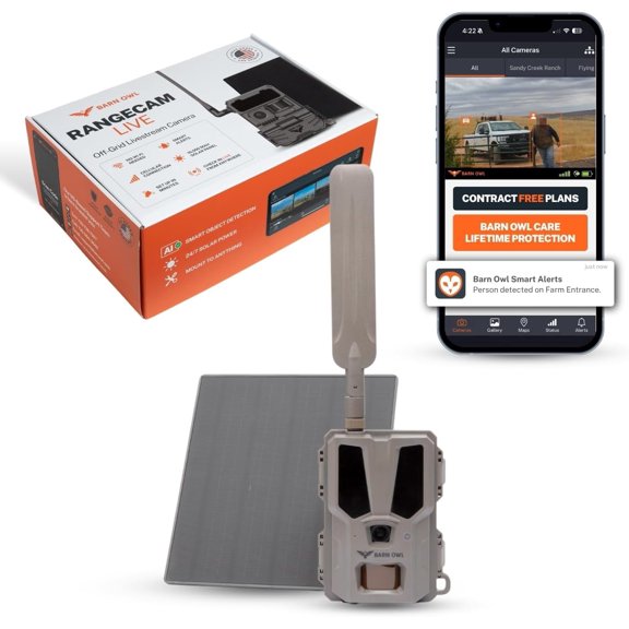 Barn Owl RangeCam 2 Cellular Security Camera System Off-Grid Monitoring with Solar Power, No WiFi, Works on All U.S. Networks Farm, Ranch & Property Surveillance