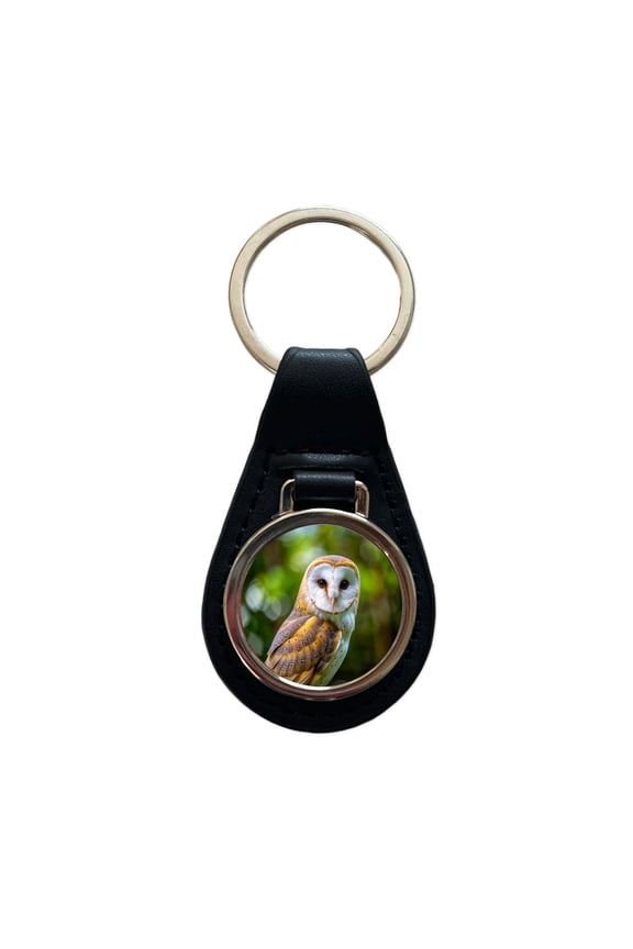 Barn Owl Raptor Bird Of Prey Metal Black Leather Keychain