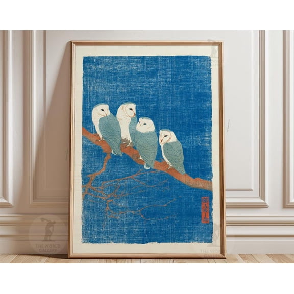 Barn Owls Indigo Branch Wall Art, Unframed Paper Poster 8x10in