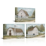 Barn Prints Farmhouse Old Barn Wall Art Handpainted Barn Painting Barn and Flowers Wall Decor Rustic Bedroom Wall Decor Farmhouse Barn Windmills Art for Bedroom Living Room Framed 12"x 16"x3Pcs