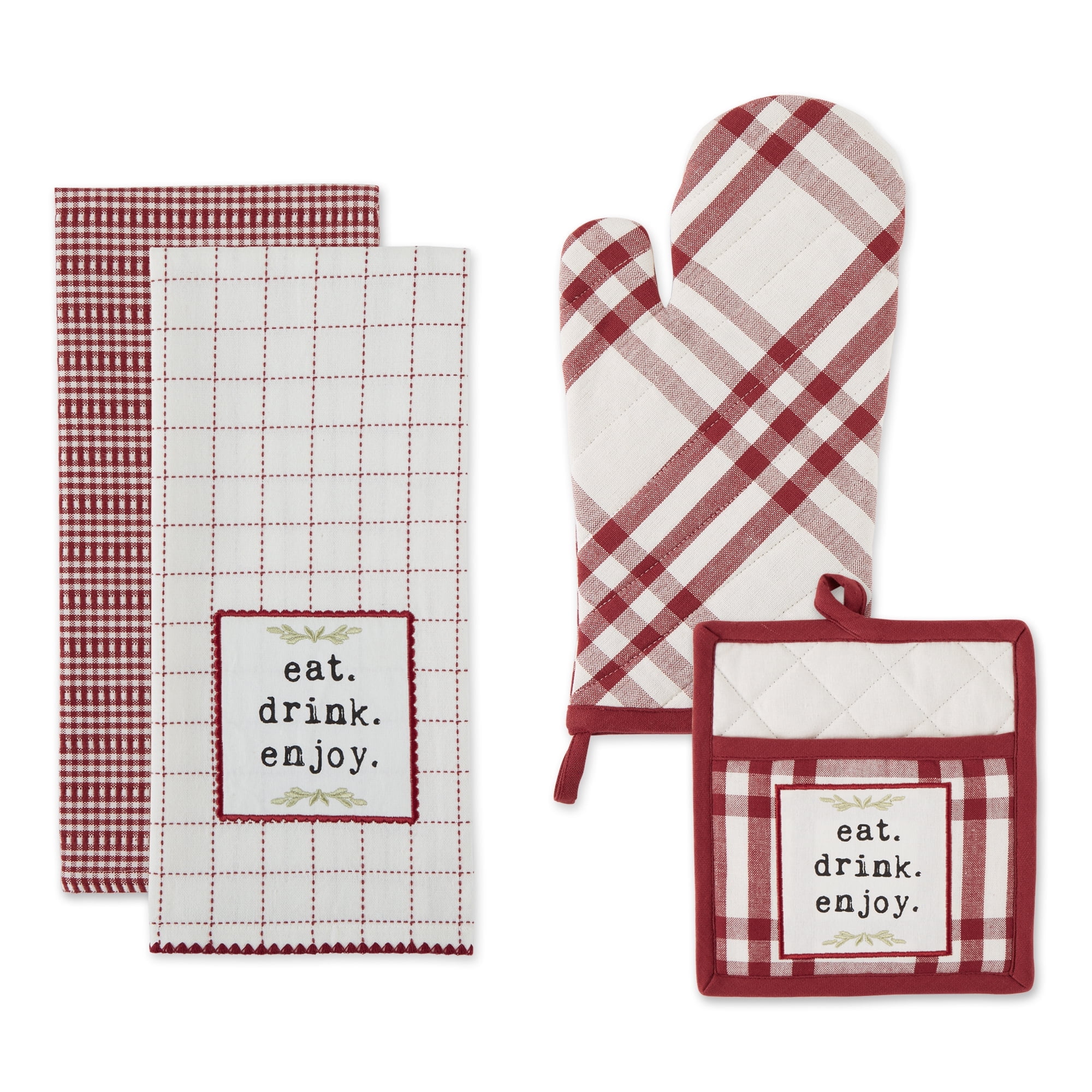 Barn Red and White Cotton Kitchen Set, 4-Piece