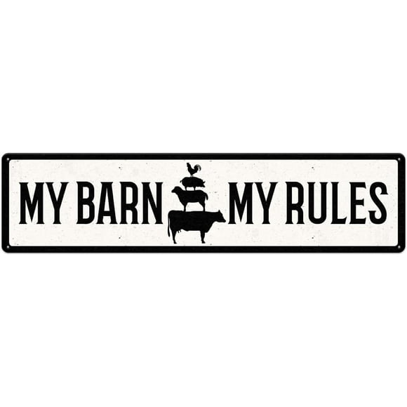 My Barn My Rules Black & White Funny Metal Sign for Farmhouse Sheepfold Outdoor House Barn Fence Home Decor Bar Pub Plaque Poster Wall Art 4"x16" Retro Aluminum Sign