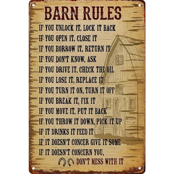 Barn Rules Funny Wall Decor Retro Metal Sign Poster for Garage Man Cave Bathroom Bedroom Farm Inspirational Popular Wall Art 8x12 Inch Signs Posters