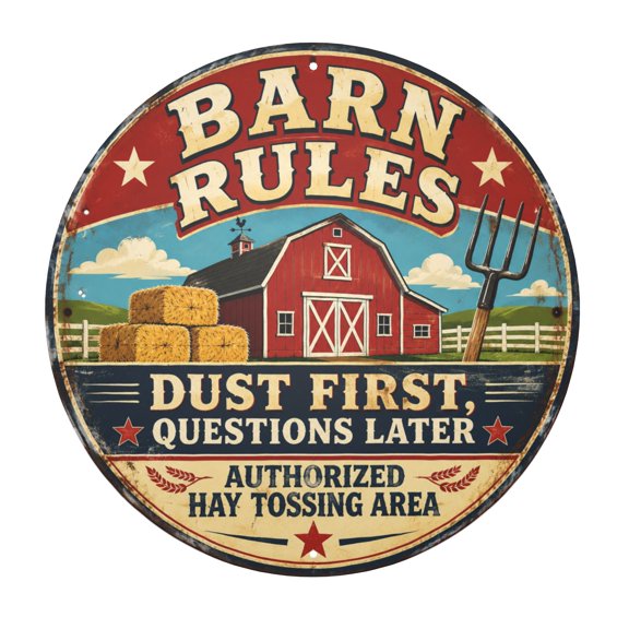 Barn Rules Metal Sign - Rustic Farmhouse Decor - Dust First, Questions Later - 8X8 Inch Wall Art with Pre-Drilled Holes for Easy Hanging - Vintage Style for Indoor/Outdoor Use